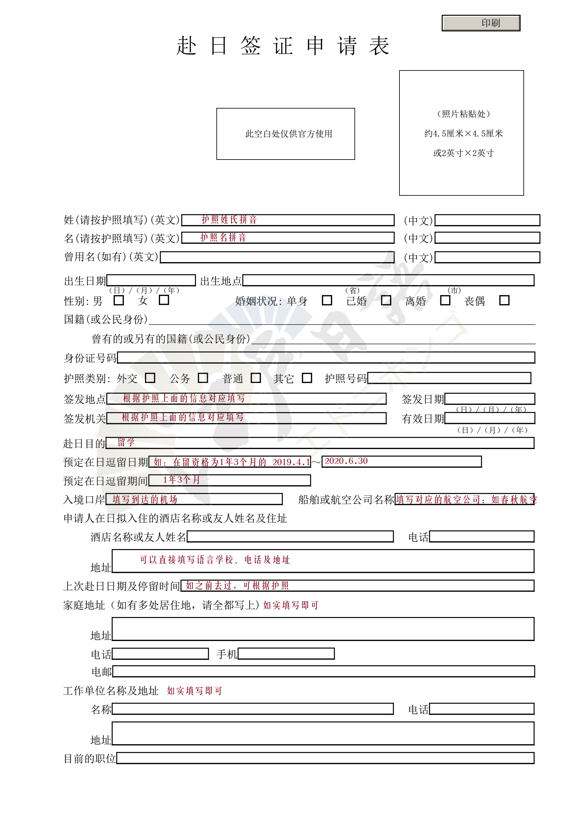 赴日签证申请表